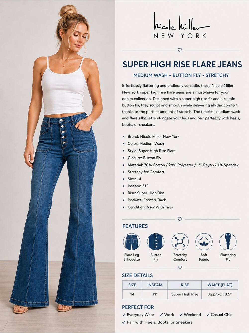 Nicole Miller New York Super High Rise Flare Jeans Size 14 Medium Wash NWT - Picture 1 of 8